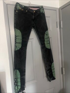Robin's Jean Black Bootcut Jeans with Green Tie-Dye Accents